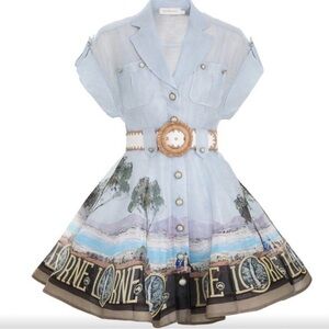 Elegant Scenic Blue Dress with Belt